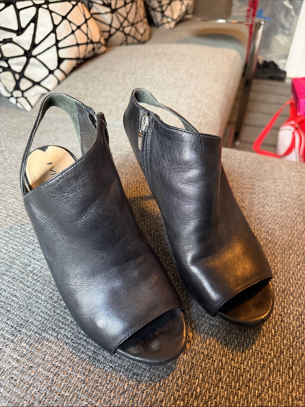 Via Spiga Black Leather Open-Toe Slingback Heels